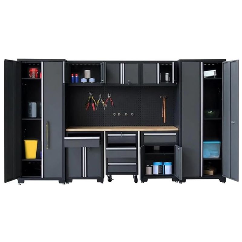 Garage Storage Cabinet System 9-Pcs Workshop Set Garage Cabinets and Storage System with Steel Cabinet Drawers(W Pegboard Black)