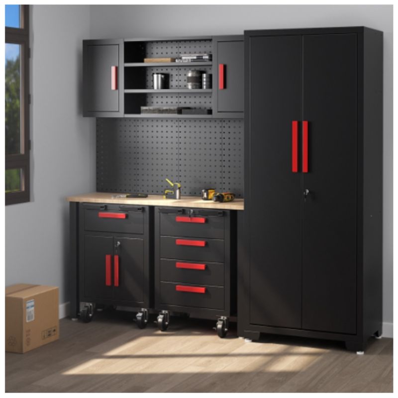 Costway 6PCS Garage Cabinets and Storage System Set with Pegboard & Rubber Wood Worktop